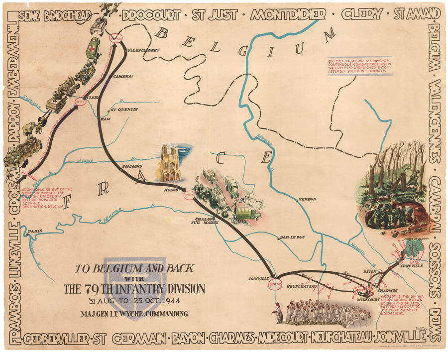 WWII Pictorial Map - To Belgium and Back with the 79th Infantry Division 31 Aug to 25 Oct, 1944
