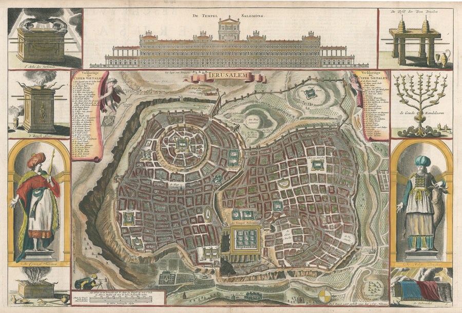 Antique Birds-eye-view map of Jerusalem with the temple of Solomon