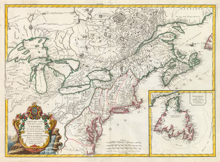 Carte Des Pays connus sous le nom de Canada... by: Vaugondy, 1755 | This rare and important map by Robert de Vaugondy, royal geographer to France’s Louis XV, depicts British and French Colonies throughout the Great Lakes and Eastern Seaboard of North America at the onset of the French and Indian War.