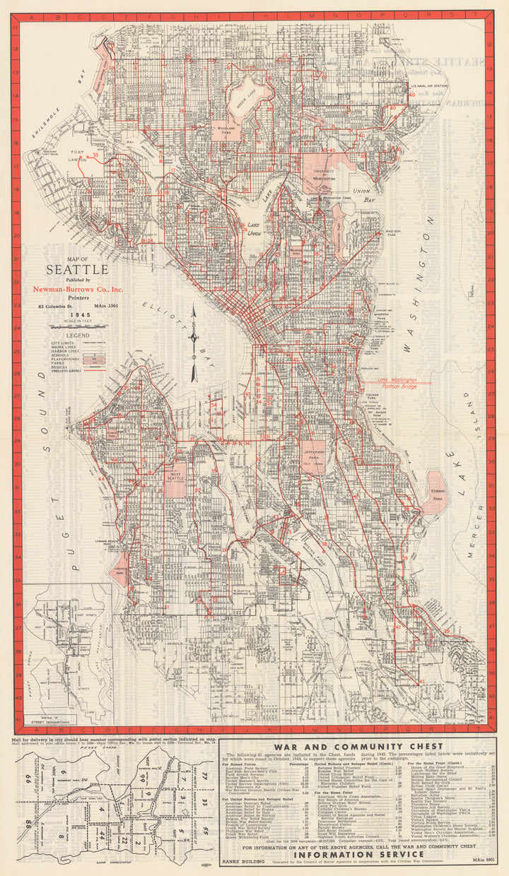Seattle Map and City Guide by: Newman-Burrows Co, 1945