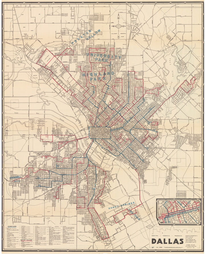 Dallas, Texas Street Car & Motor Coach Map, 1940-41