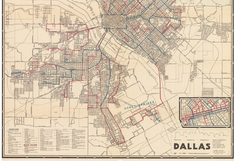 Dallas, Texas Street Car & Motor Coach Map, 1940-41