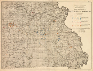 1873 Geological Survey of Missouri Preliminary Map Showing the Distribution of Iron Ores in Missouri