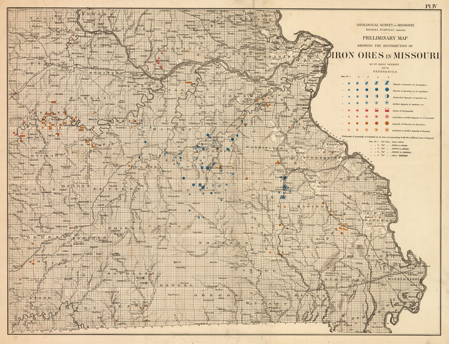 1873 Geological Survey of Missouri Preliminary Map Showing the Distribution of Iron Ores in Missouri