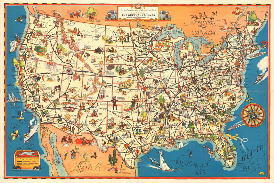 A good-natured map of the United States setting forth the services of The Greyhound Lines and a few principal connecting bus lines  By: Greyhound Lines  Date: 1934