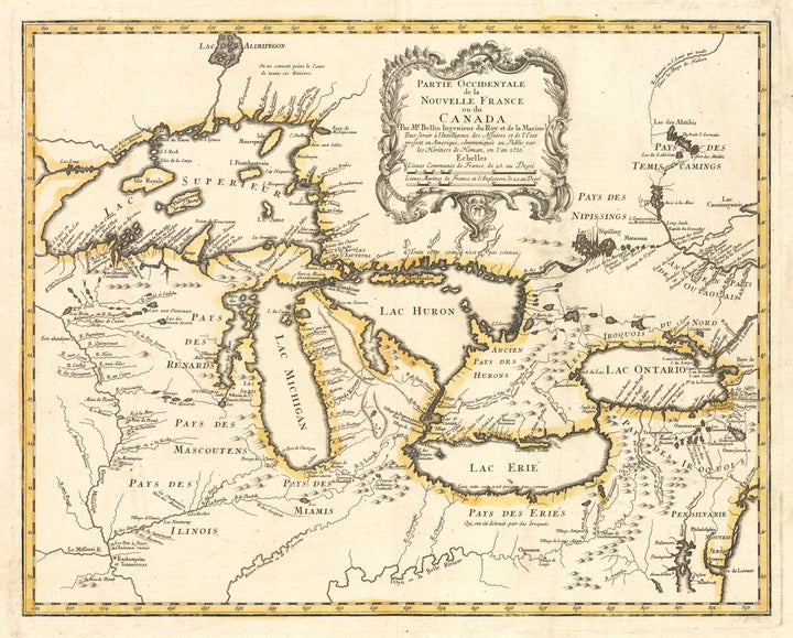 Partie Occidentale de la Nouvelle France ou du Canada... By: Bellin / Homann Date:1755 A landmark map of the Great Lakes that introduced more accurate geography of the region than all other preceding maps