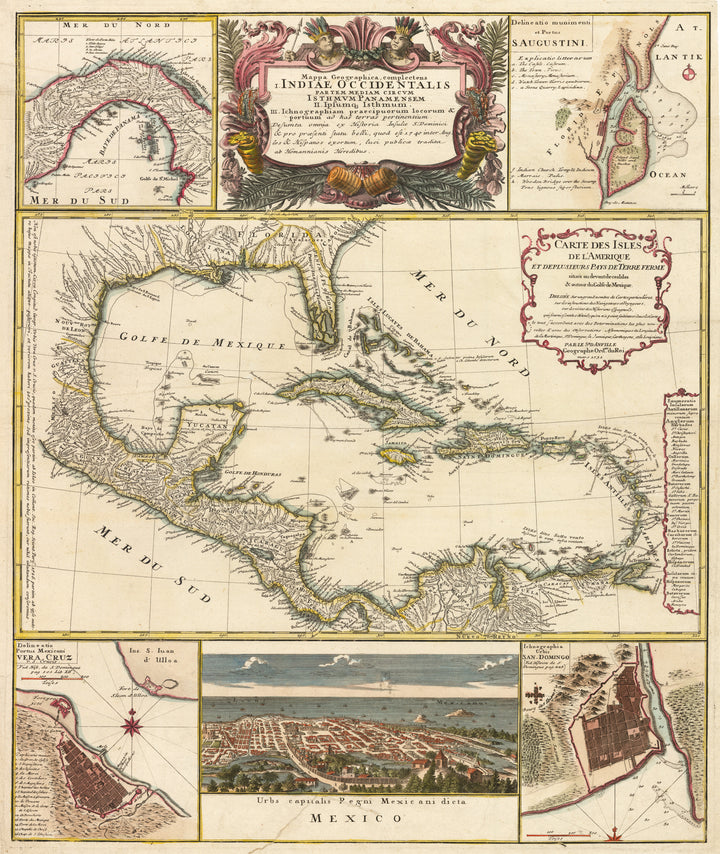 Mappa Geographica, complectens I. Indiae Occidentalem II. Isthmum Panamensem III... By: Homann Heirs, Date: 1740 | An authentic antique map of the Caribbean by Homann Heirs with several smaller inserts of important regions and cities including Vera Cruz, and Mexico City. 