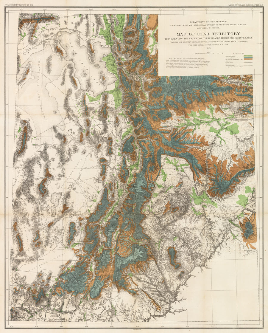 1878 Map of Utah Territory Representing the Extent of the Irrigable, Timber and Pasture Lands