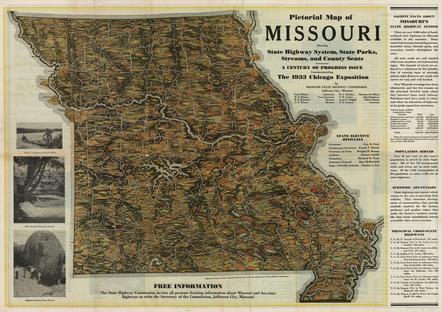 Pictorial Map of Missouri Showing State Highway System, State Parks, Streams, and County Seats | A Century of Progress Issue Commemorating The 1933 Chicago Exposition