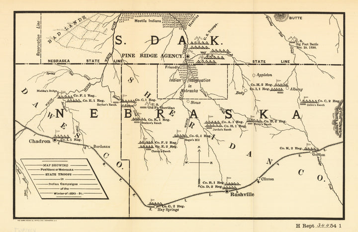 Map Showing Positions of Nebraska State Troops in Indian Campaigns of the Winter of 1890-91 | Sitting Bull, Wounded Knee, Ogallala and Lakota Sioux