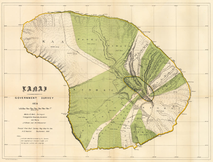 Antique Government Survey Map of Lanai, Hawaii, 1878 / 1906