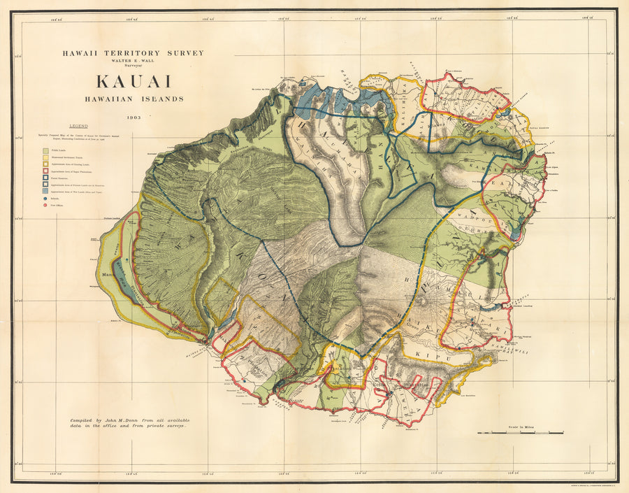 Antique Map of Kauai, Hawaiian Islands by: Wall, 1903