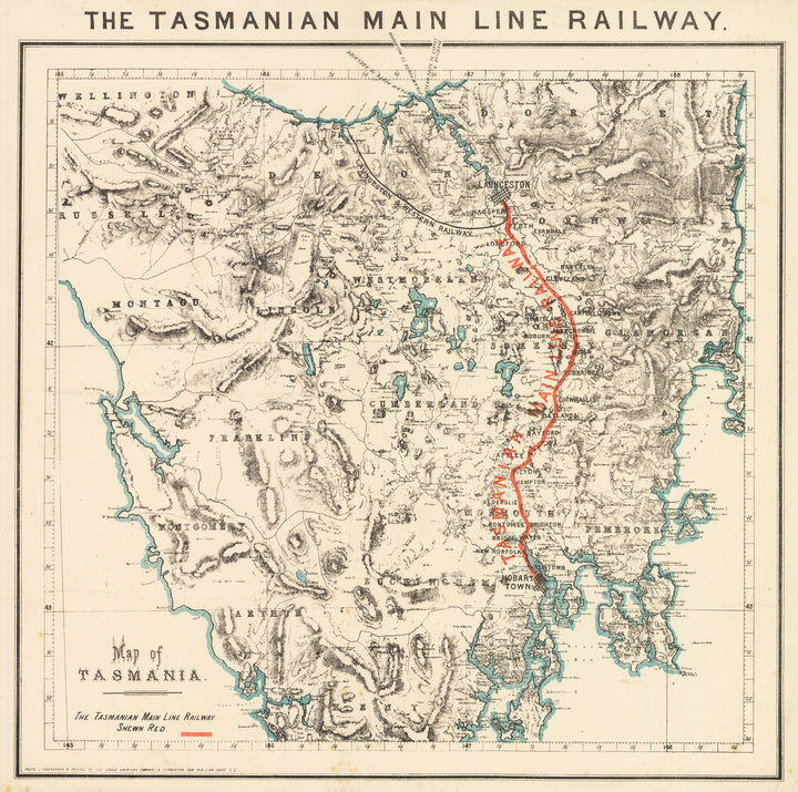 1890 Map of Tasmania - The Tasmanian Main Line Railway
