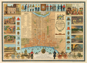 Vintage Pictorial Map: A Map of The City of Philadelphia Showing the Location of The Volunteer Fire Companies... by: Riegel, 1938
