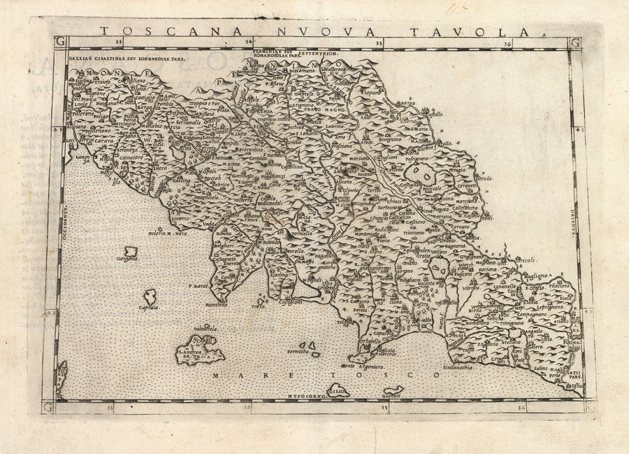 Antique Map of Tuscany, Italy: Toscana Nuova Tavola by: Girolamo Ruscelli, 1574