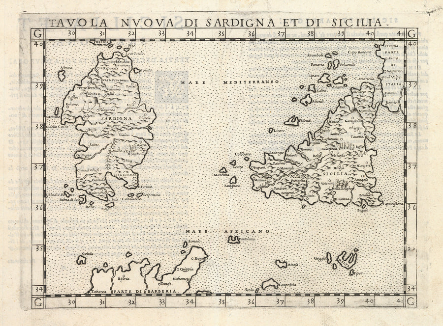 Antique Map of Sardinia and Sicily: Tavola Nuova Di Sardigna Et Di Sicilia by: Ruscelli / Ptolemy, 1574