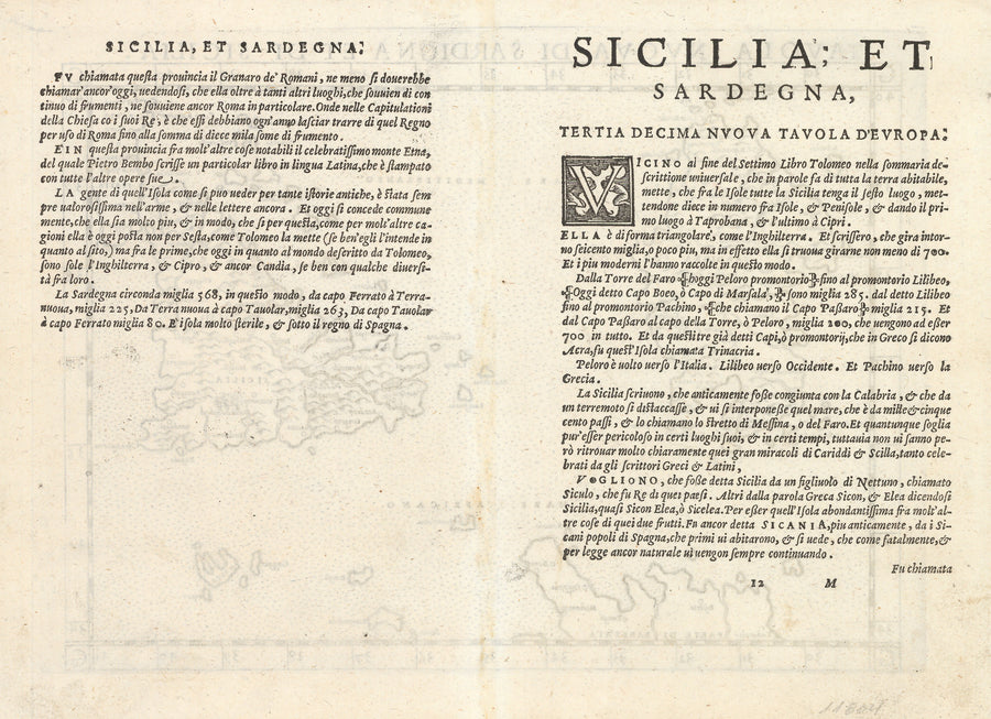 Antique Map of Sardinia and Sicily: Tavola Nuova Di Sardigna Et Di Sicilia by: Ruscelli / Ptolemy, 1574 | VERSO