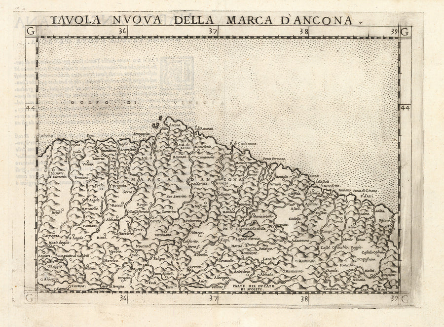 Antique Map of Ancona, Italy: Tavola Nuova Della Marca D’Ancona by: Ruscelli, 1574