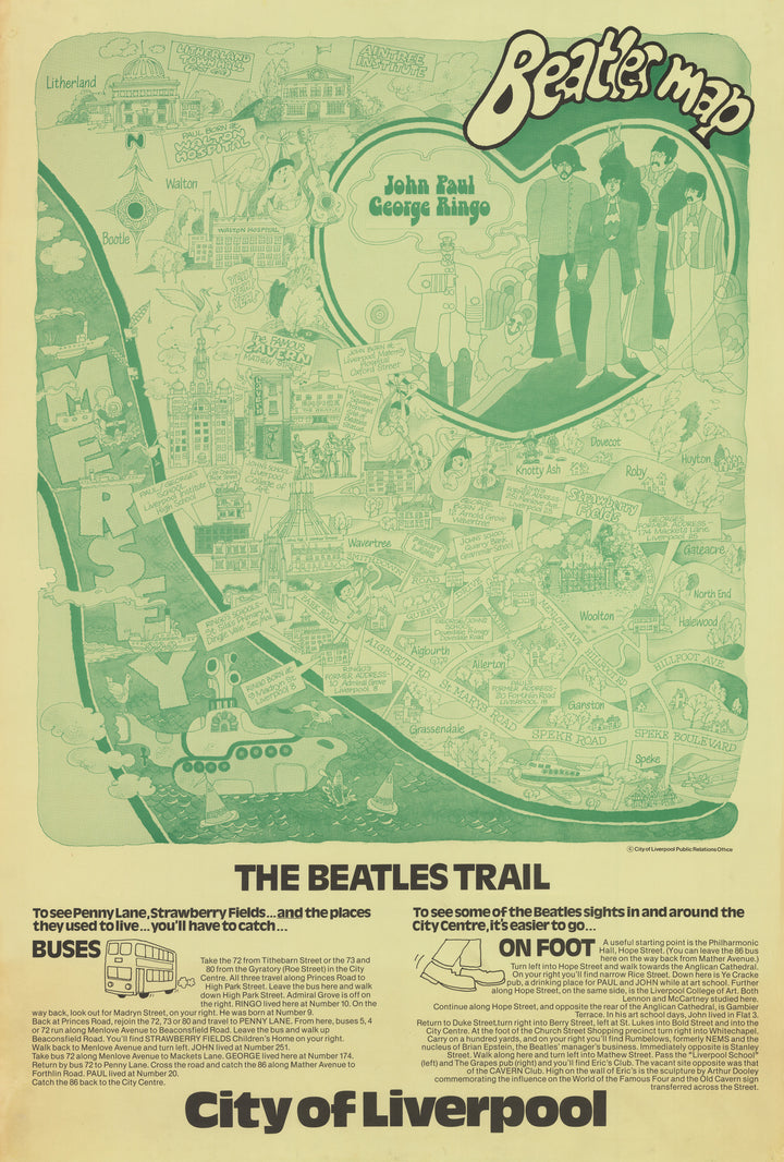 Vintage Pictorial Map: Beatles Map | The Beatles Trail | City of Liverpool, 1974