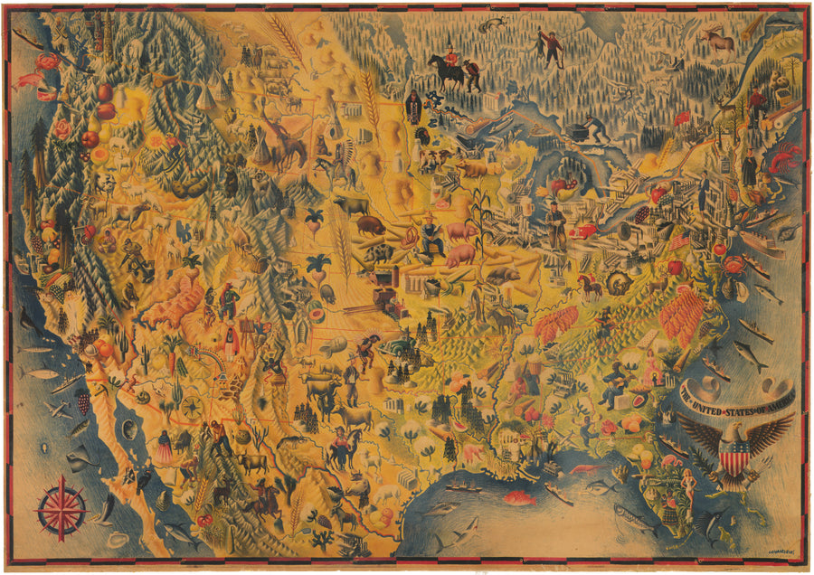 Vintage Pictorial Map of The United States of America by Miguel Covarrubius, 1942