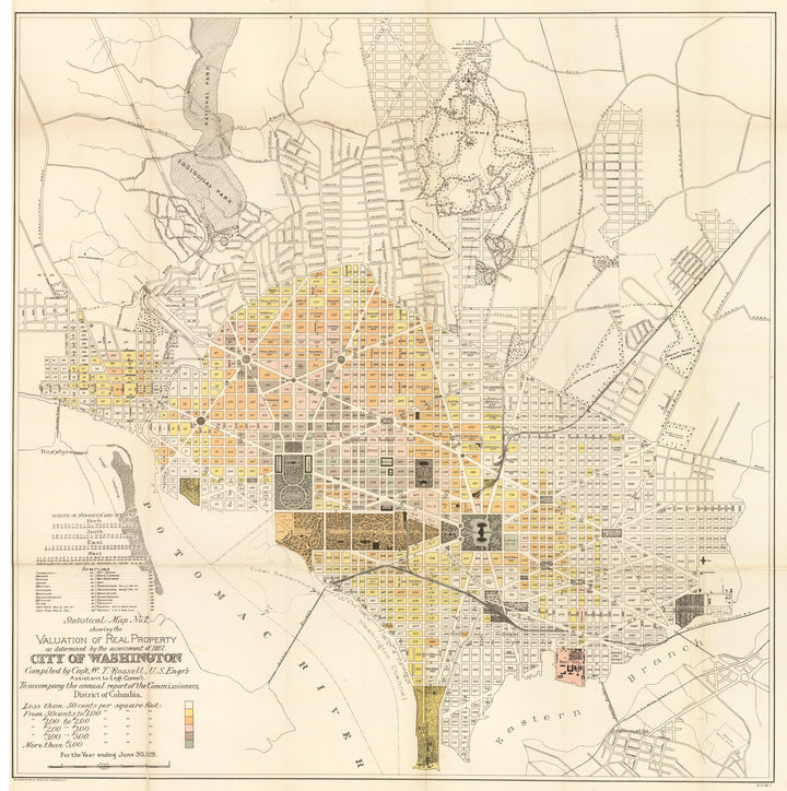 Antique Map: Statistical Map No.1 showing the Valuation of Real Property as determined by the assessment of 1887. City of Washington, 1891