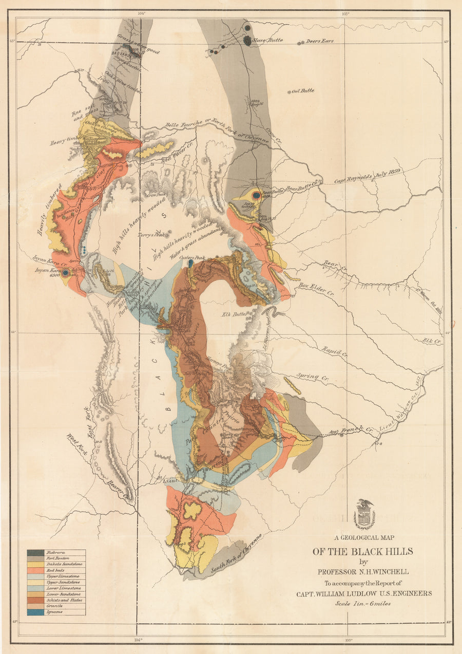 Historical Geologic Map of the Black Hills from Custer's Expedition by: Winchell, 1874