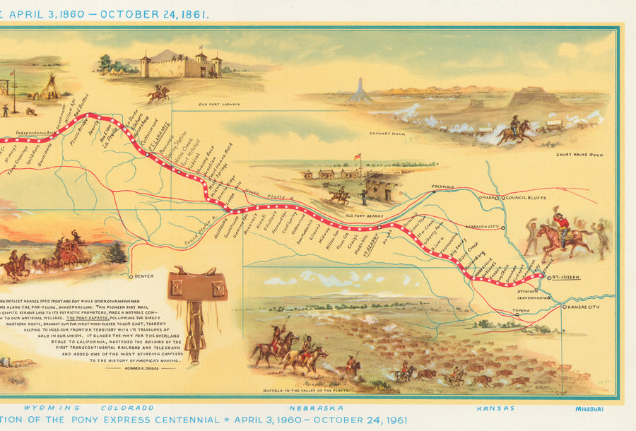 Vintage Map 1960-1961 Pony Express Route April 3, 1860 – October 24, 1861