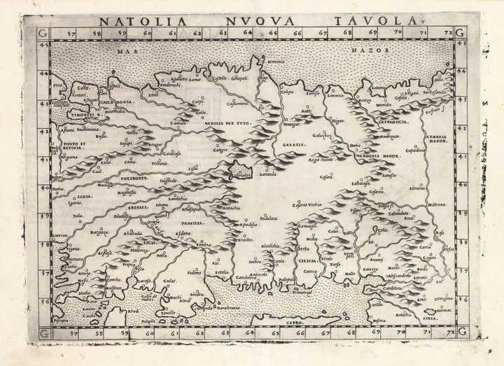 Antique Map of Asia Minor or Turkey: Natolia Nuova Tavola by Girolamo Ruscelli. 1574