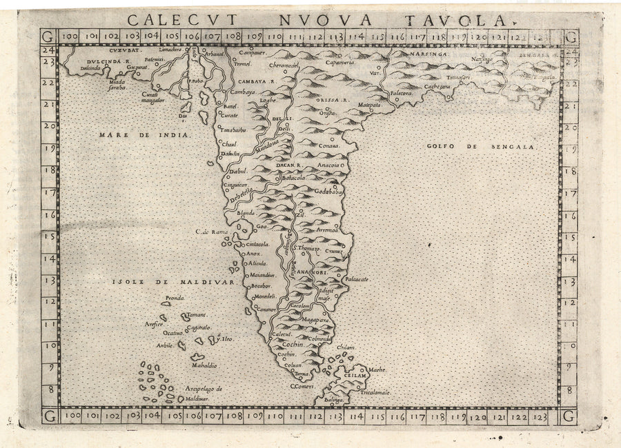 Antique Map of India: Calecut Nuova Tavola by Girolamo Ruscelli,1574