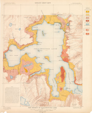 Antique Geologic Map The Shores of Yellowstone Lake by: Arnold Hague 1904