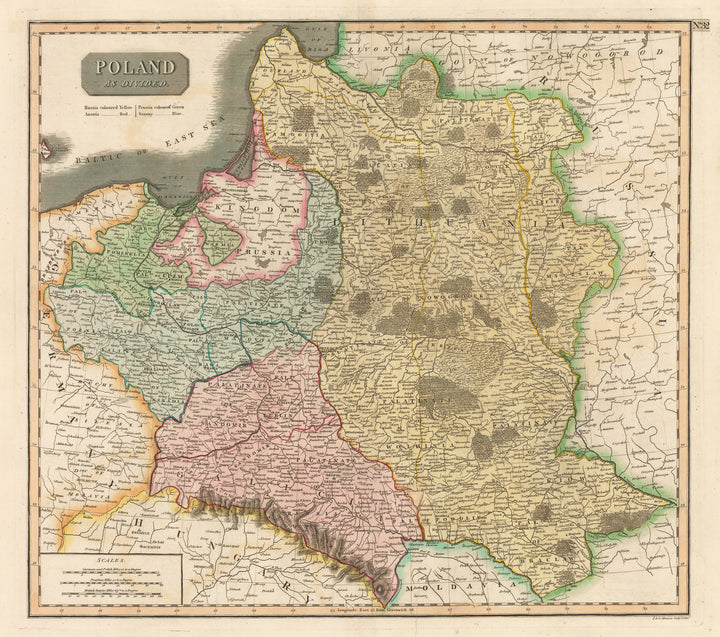 Antique Map of Poland as Divided. by John Thomson. 1817 | Prussia, Lithuania, Belarus