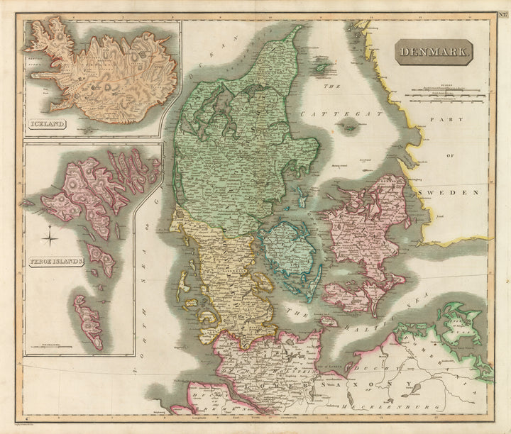 Old map of Denmark, Iceland and the Faroe Islands by: John Thomson, 1814