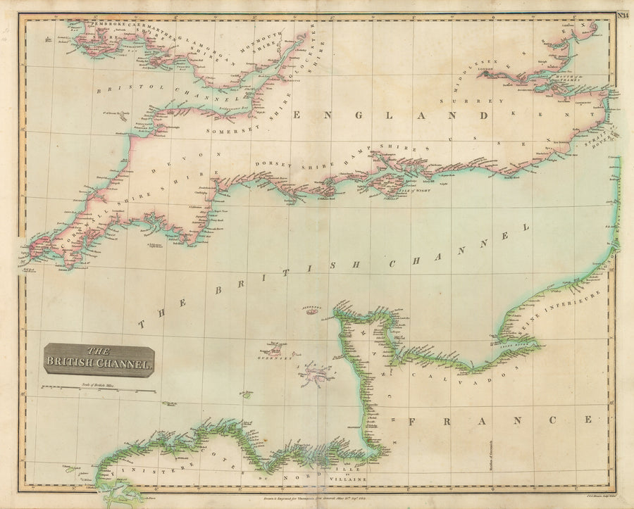 Antique map of The British Channel by John Thomson. 1814 - English Channel, England, France