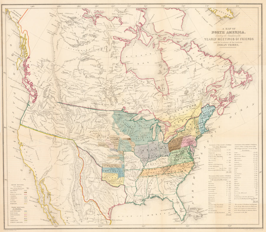 A Map of North America, denoting the boundaries of the Yearly Meetings of Friends and the locations of the various indian tribes By: Bowden and Clark, 1844 