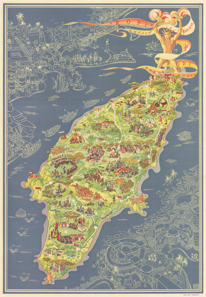 Vintage Pictorial Travel Map of Rhodes by: Egon Huber 1935
