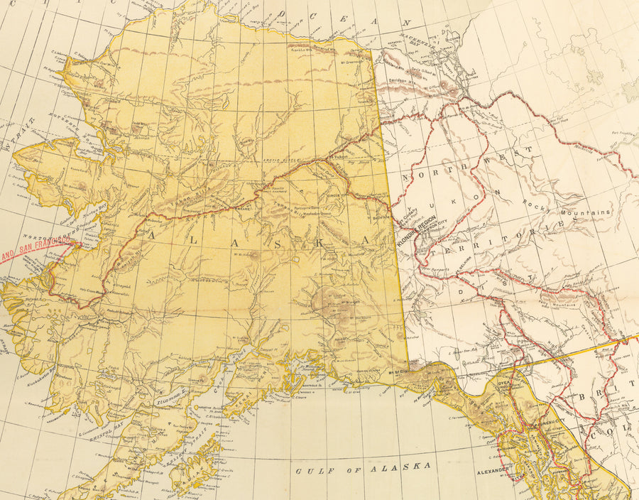 Antique Map of Alaska Showing Also British Columbia with Portions of Northwest Territories, Athabasca, and Alberta, with Routes to the Klondike District in Red.