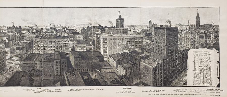 Grand Panoramic View of the Heart of Chicago Overlooking the Entire Business Portion of the City, Lake Michigan and the Columbian Exposition by: George W. Melville, 1892