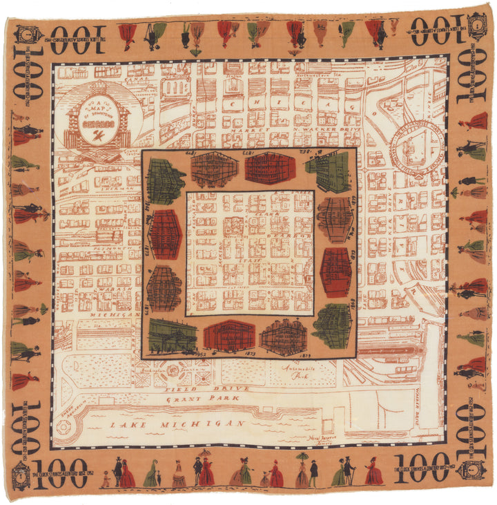 Handkerchief: A Map of Chicago - 100 Years Marshal Field's, 1952