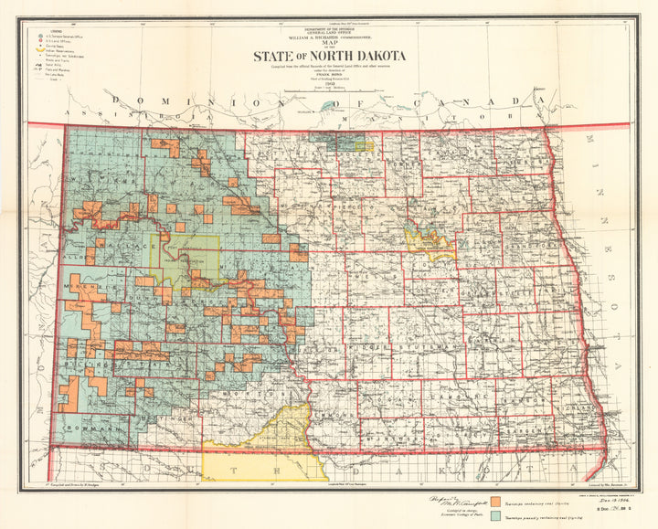 Antique Map of the State of North Dakota by: GLO, 1903 / 1906