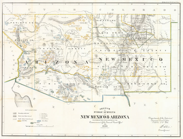 Antique Map of New Mexico and Arizona Territories, 1866