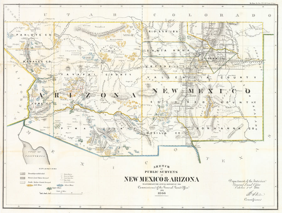 Antique Map of New Mexico and Arizona Territories, 1866