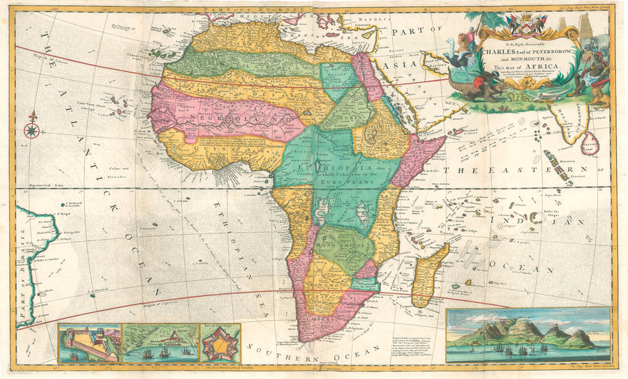 Antique Map: To The Right Honorable Charles Earl of Peterborow, and Monmouth, &c. This Map of Africa, According to yet Newest and most Exact Observations is most Humbly Dedicated by: Herman Moll, 1720