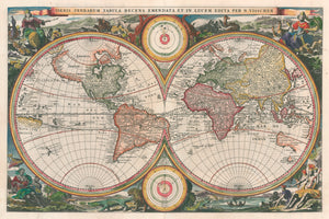 17th Century Double Hemisphere World Map: Orbis Terrarum Tabula Recens Emendata et in Lucem Edita by Nicolas Visscher, 1662