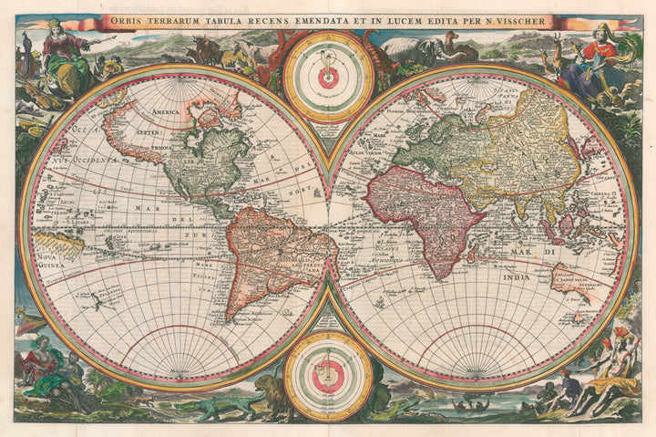 17th Century Double Hemisphere World Map: Orbis Terrarum Tabula Recens Emendata et in Lucem Edita by Nicolas Visscher, 1662