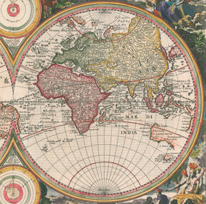 17th Century Double Hemisphere World Map: Orbis Terrarum Tabula Recens Emendata et in Lucem Edita by Nicolas Visscher, 1662