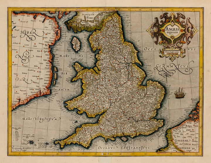 Antique Map of England: Anglia Regnum by Gerard Mercator, 1606