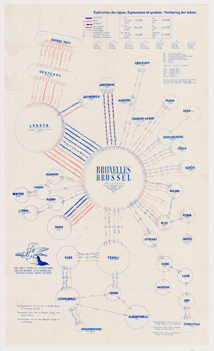 Vintage Travel Map: Post WWII Sabena Airlines Timetable, 1949