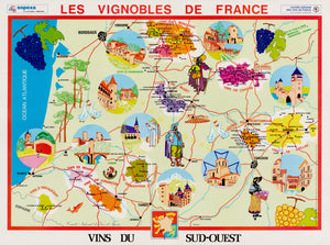Vintage Wine Map: Les Vignobles de France | Vins de Sud-Ouest by: Sopexa 1970s
