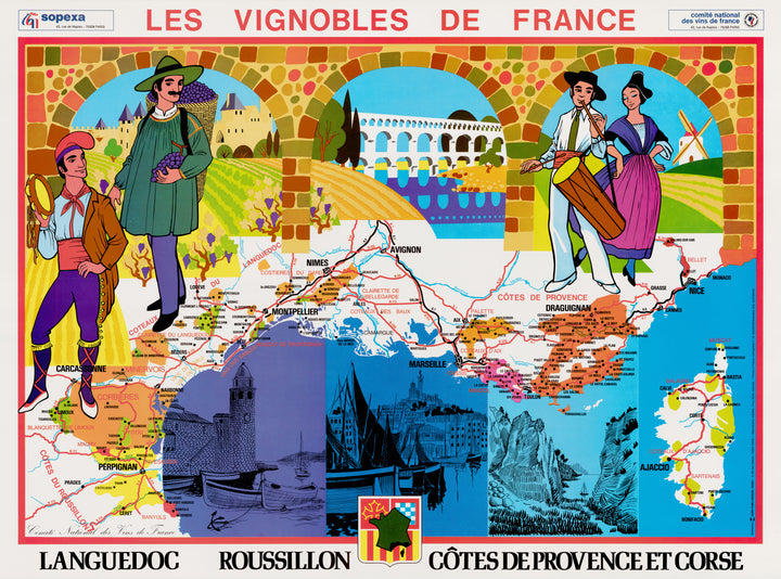 Vintage Wine Map: Les Vignobles de France | Languedoc, Roussillon, Côtes de Provence et Corse by Sopexa, 1970s