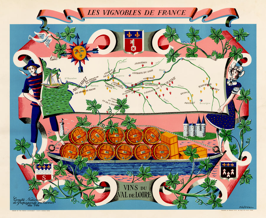 Vintage Wine Map: Les Vignobles de France | Vins du Vale de Loire by Hetreau, 1954